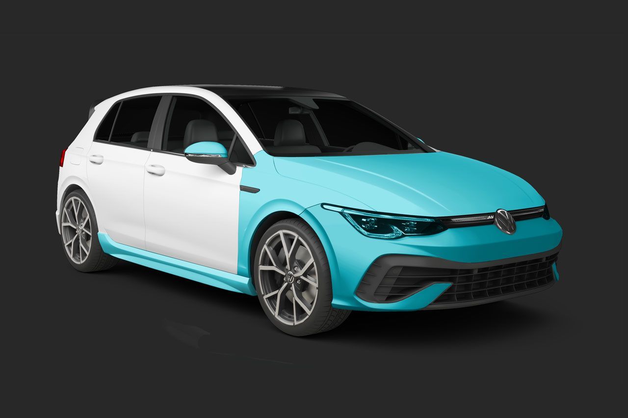 A white and teal Volkswagen Golf hatchback with a black roof on a dark gray background.
