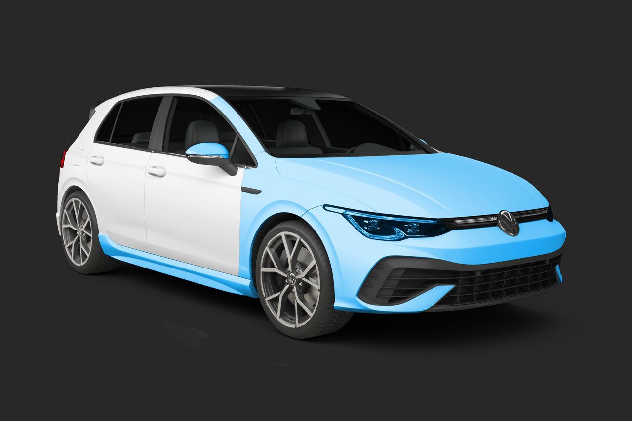 Volkswagen Golf, white and blue, against a dark background.