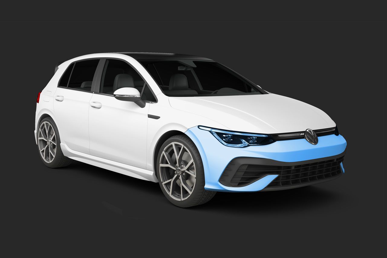 White Volkswagen Golf hatchback, blue-highlighted front section, black roof, on a dark background.