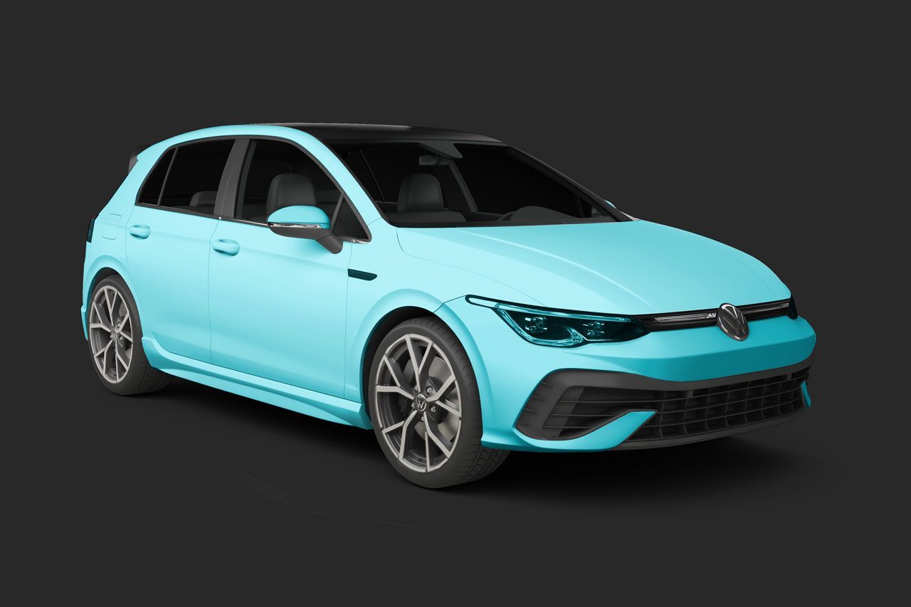 Light blue Volkswagen Golf hatchback on a dark background.