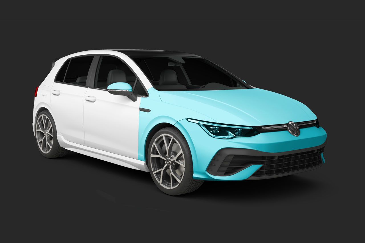 White and teal Volkswagen Golf hatchback on a black background.