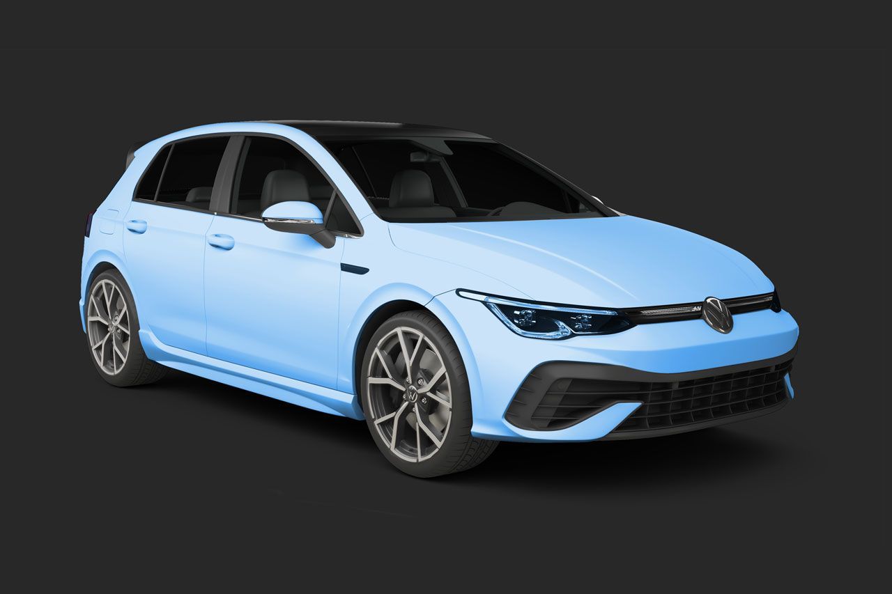 Light blue Volkswagen Golf hatchback with black roof and wheels.