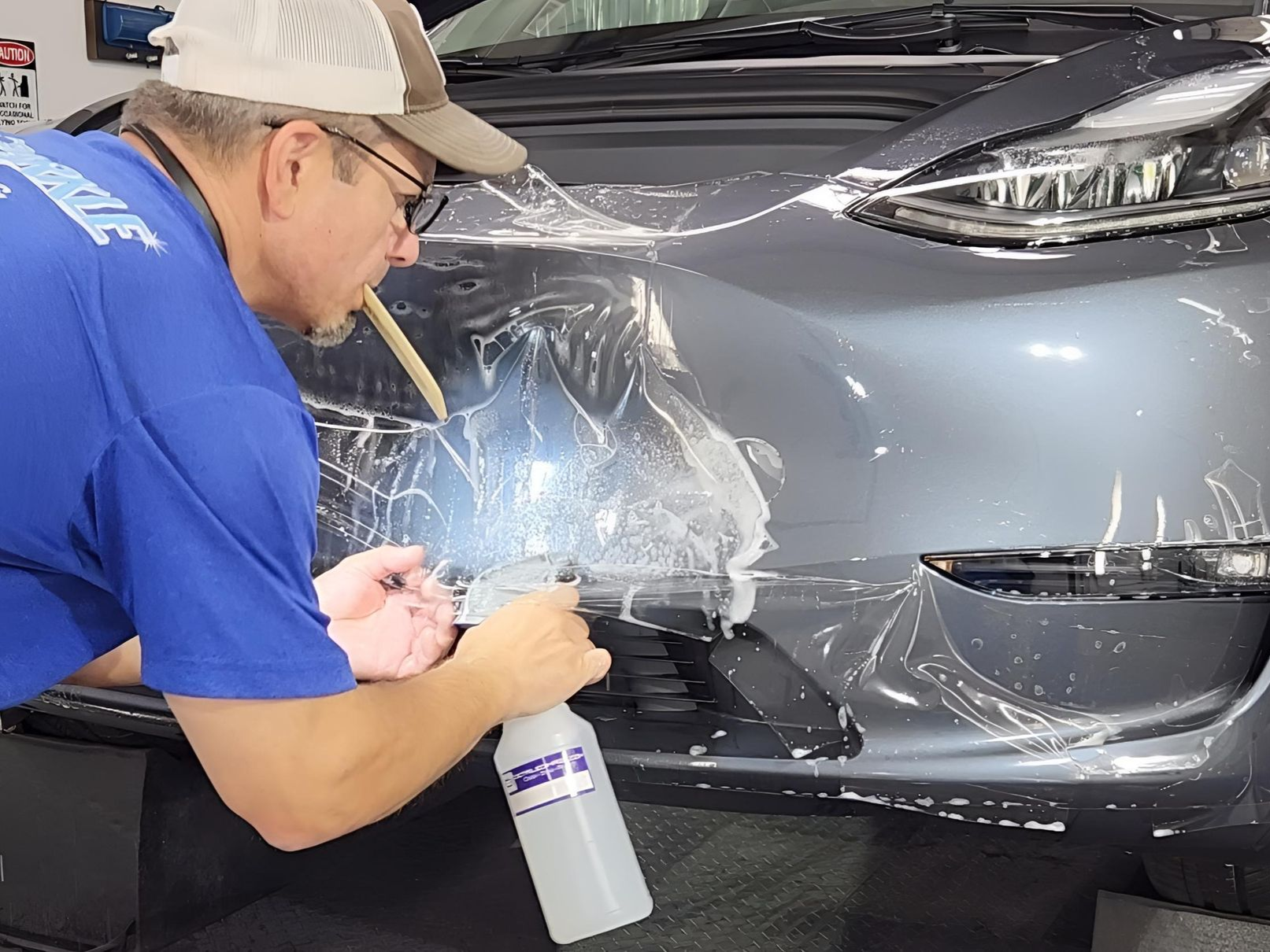 Man applying protective film to the hood of a light gray BMW SUV; spraying water, in a shop.