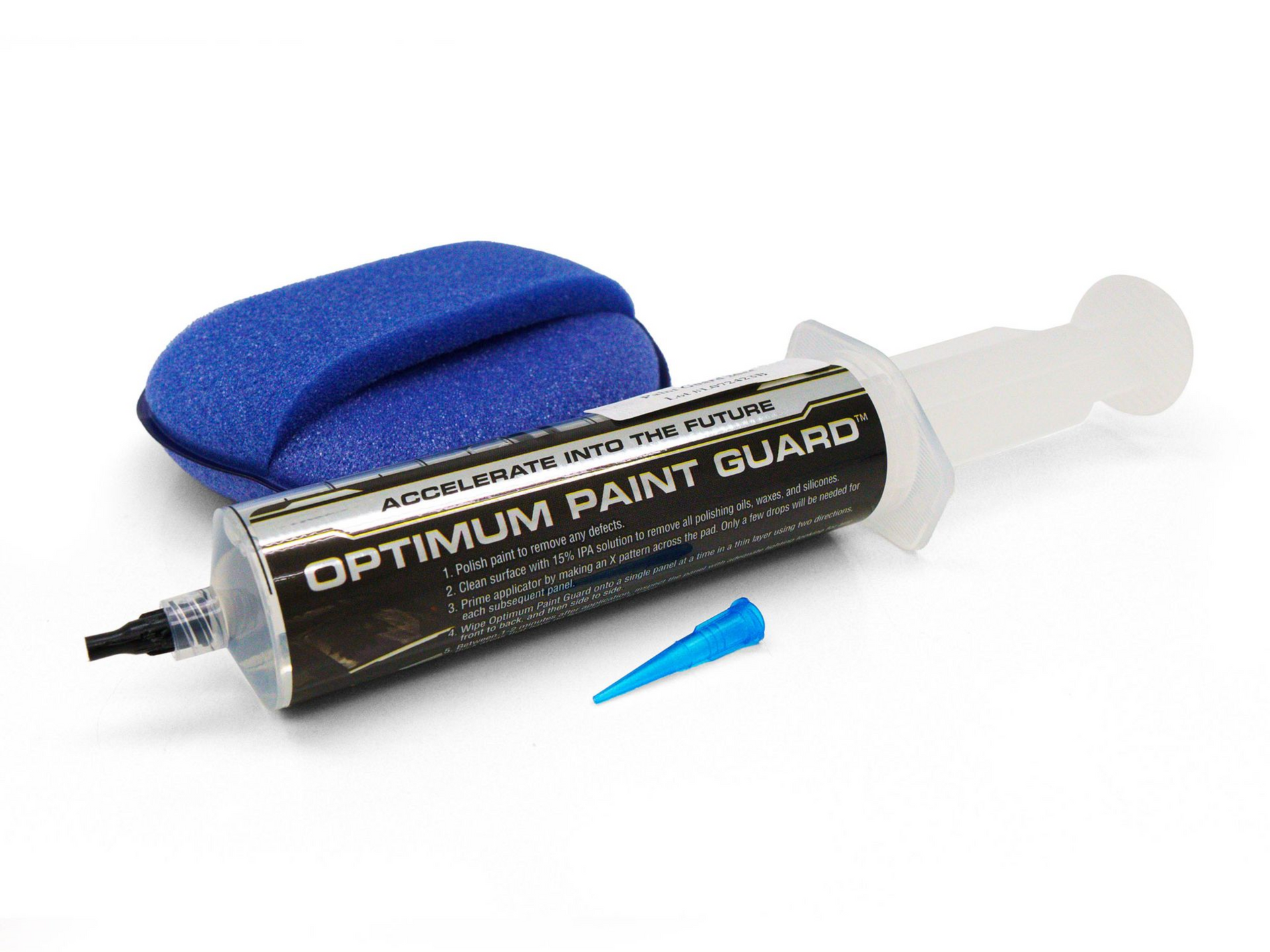 Optimum Paint Guard kit: syringe applicator, blue foam pad, and blue nozzle on white surface.