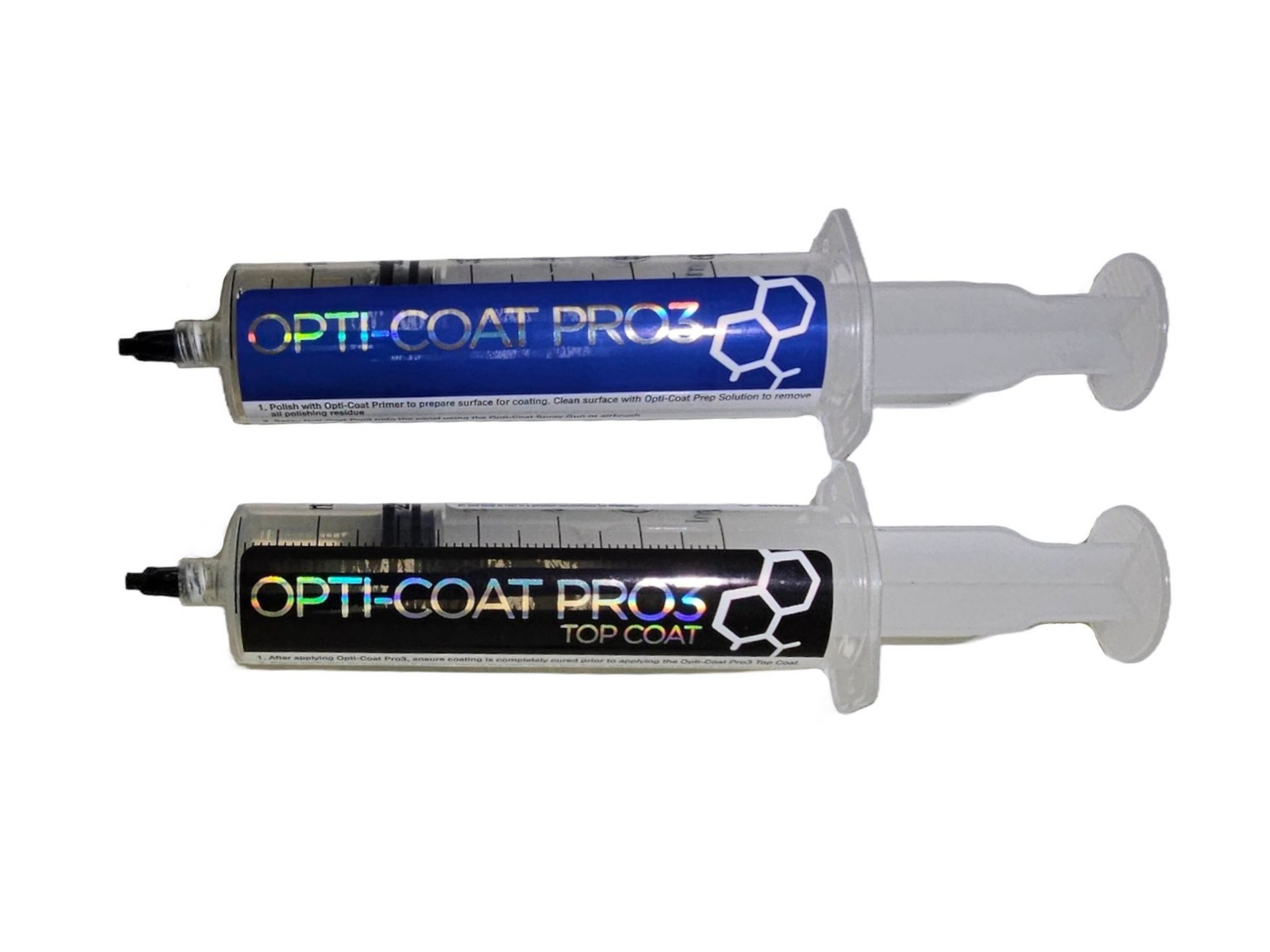 Two syringes of Opti-Coat Pro car coating products: blue labeled and top coat labeled.