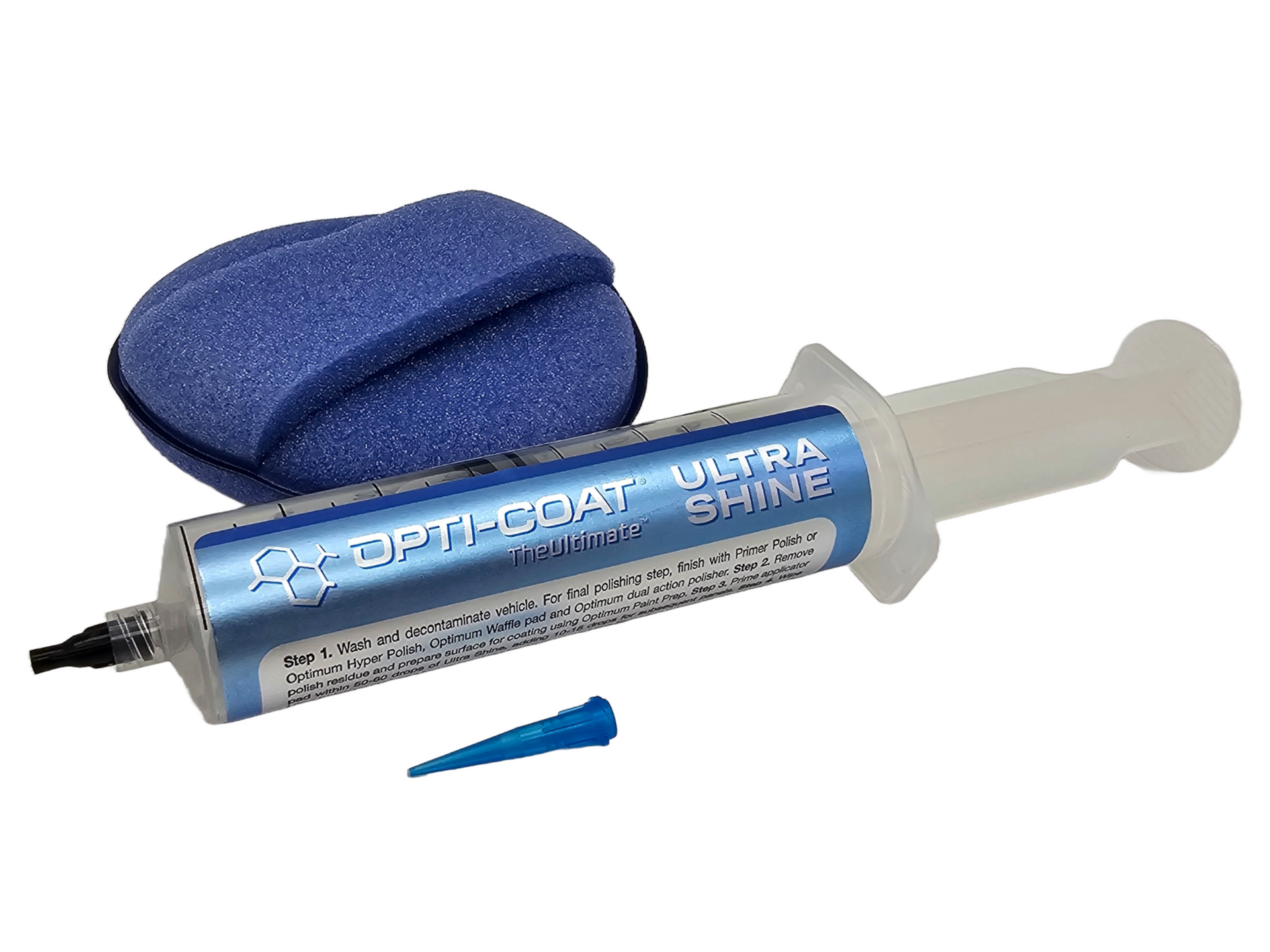 Opti-Coat Ultra Shine car detailing kit: syringe with product, applicator sponge, and blue nozzle.
