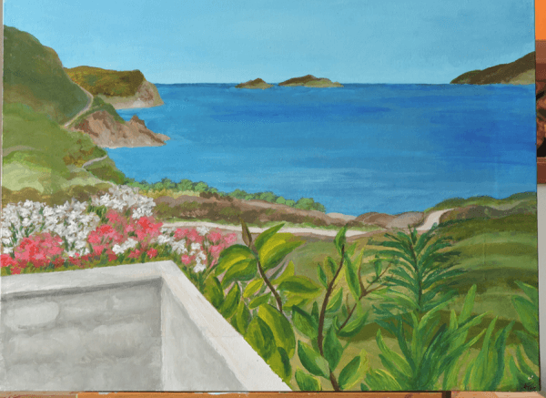 quadro con vista da una terrazza sul mare