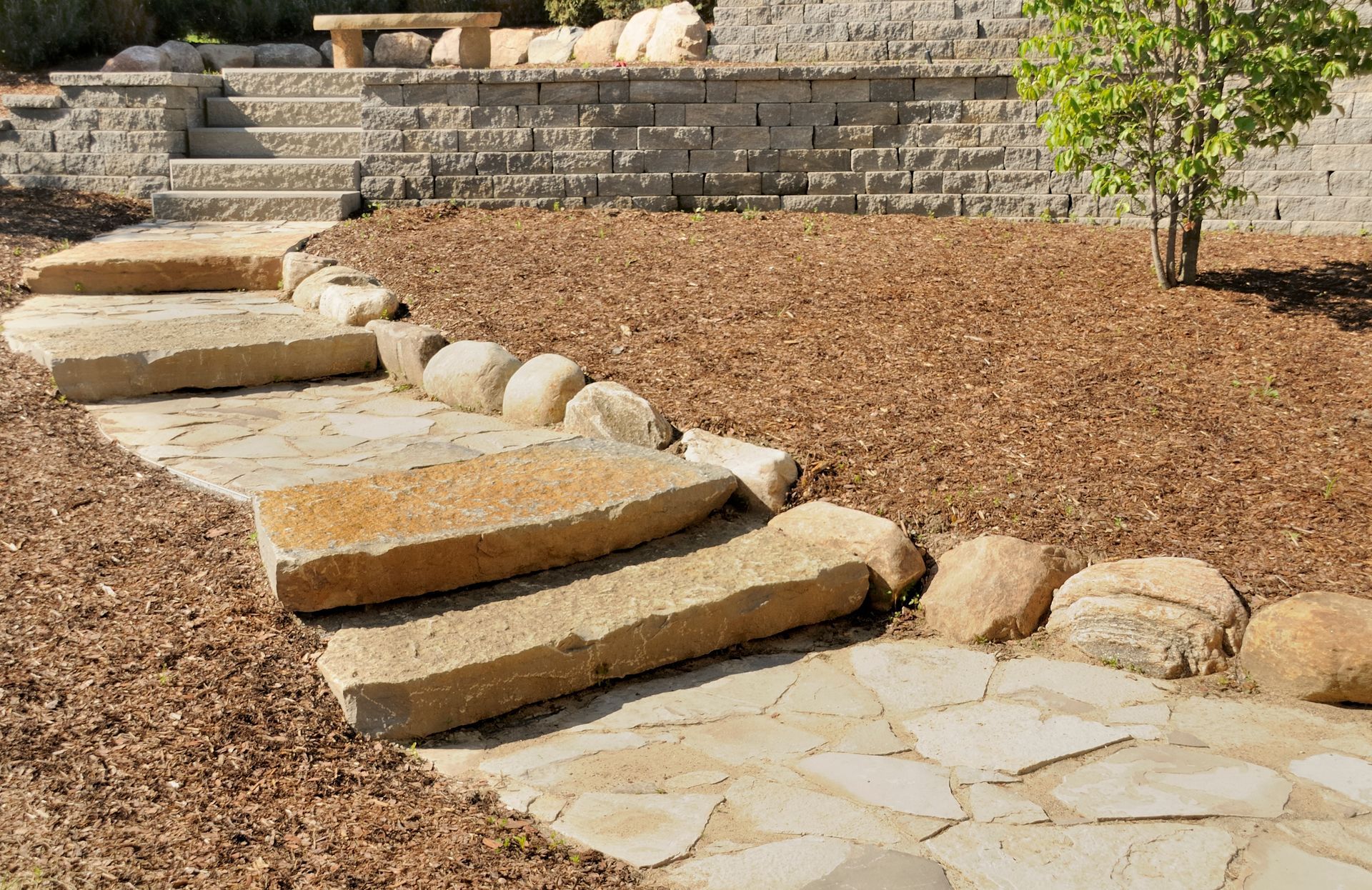A stone walkway with steps leading up to a stone wall.