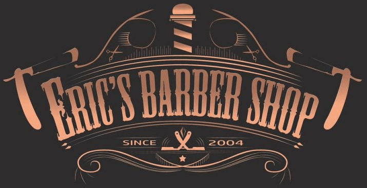 Eric's Barber Shop logo with text, barber pole, and crossed razors in bronze on a dark background.