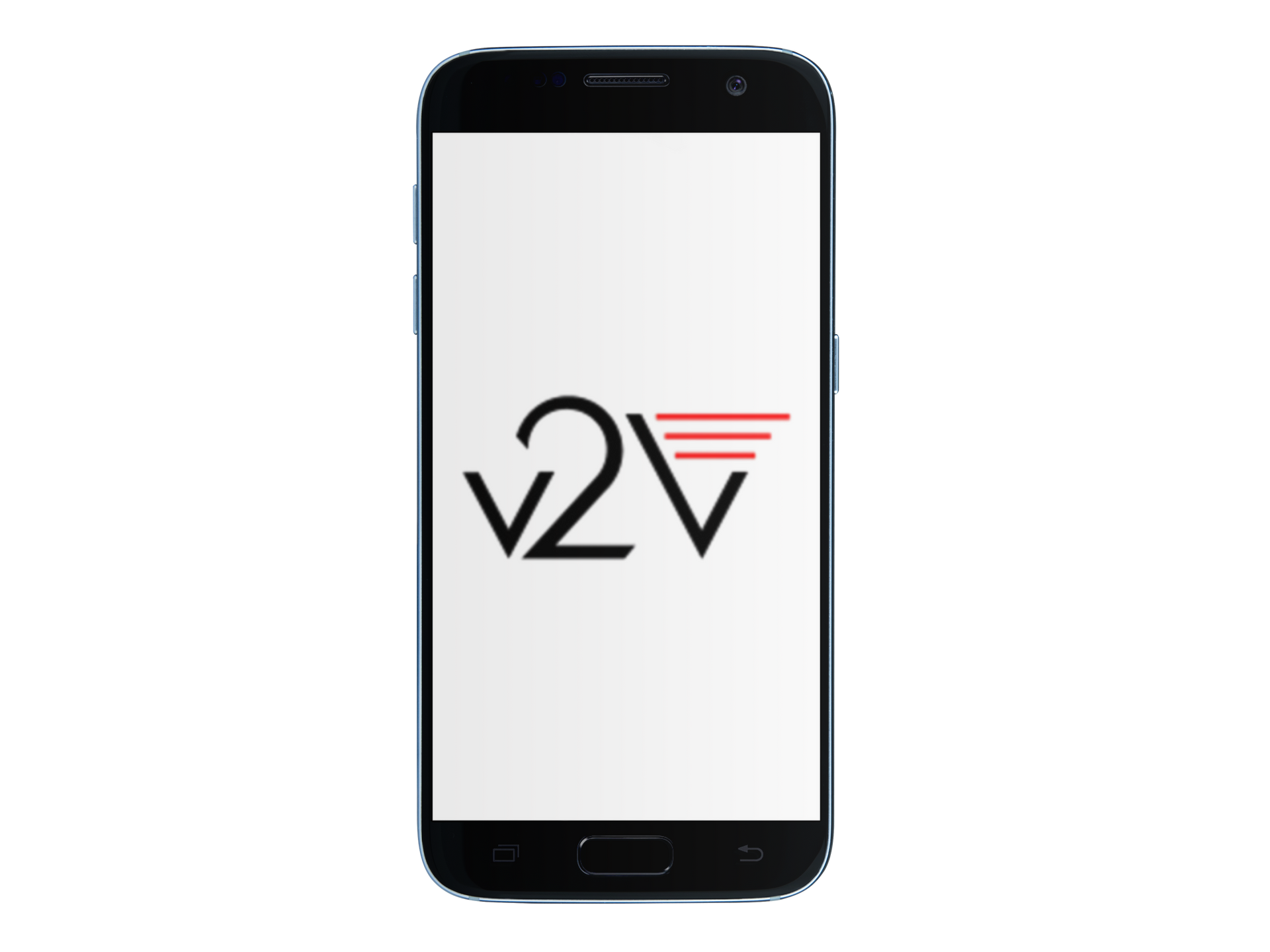 Smartphone affichant le logo « V2V » en noir et rouge sur fond blanc.