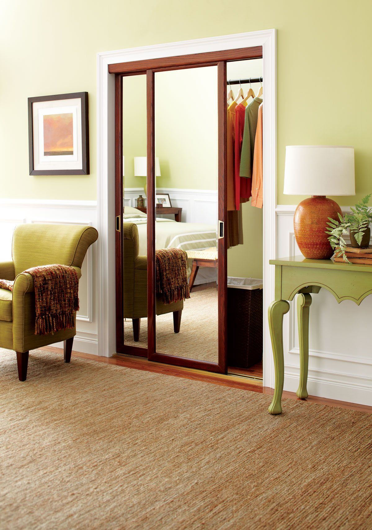 a bedroom with a sliding glass door