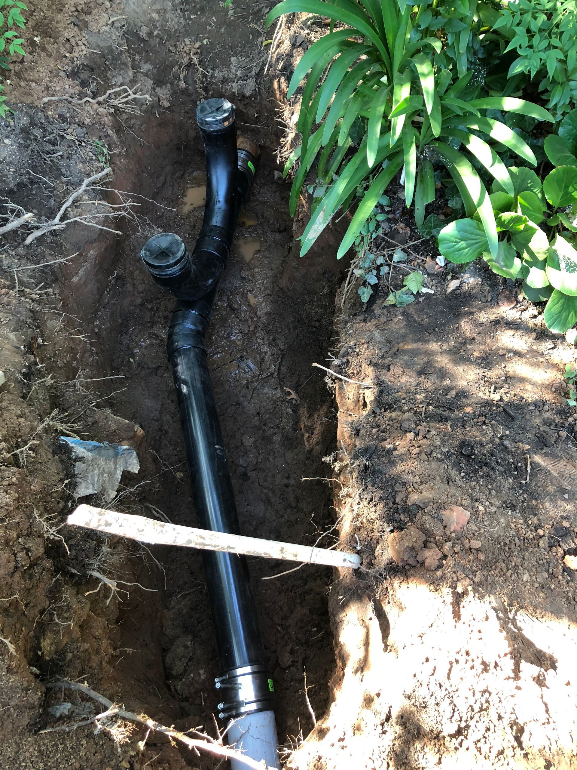 Black plumbing pipes in a narrow trench dug in a garden bed with green plants.