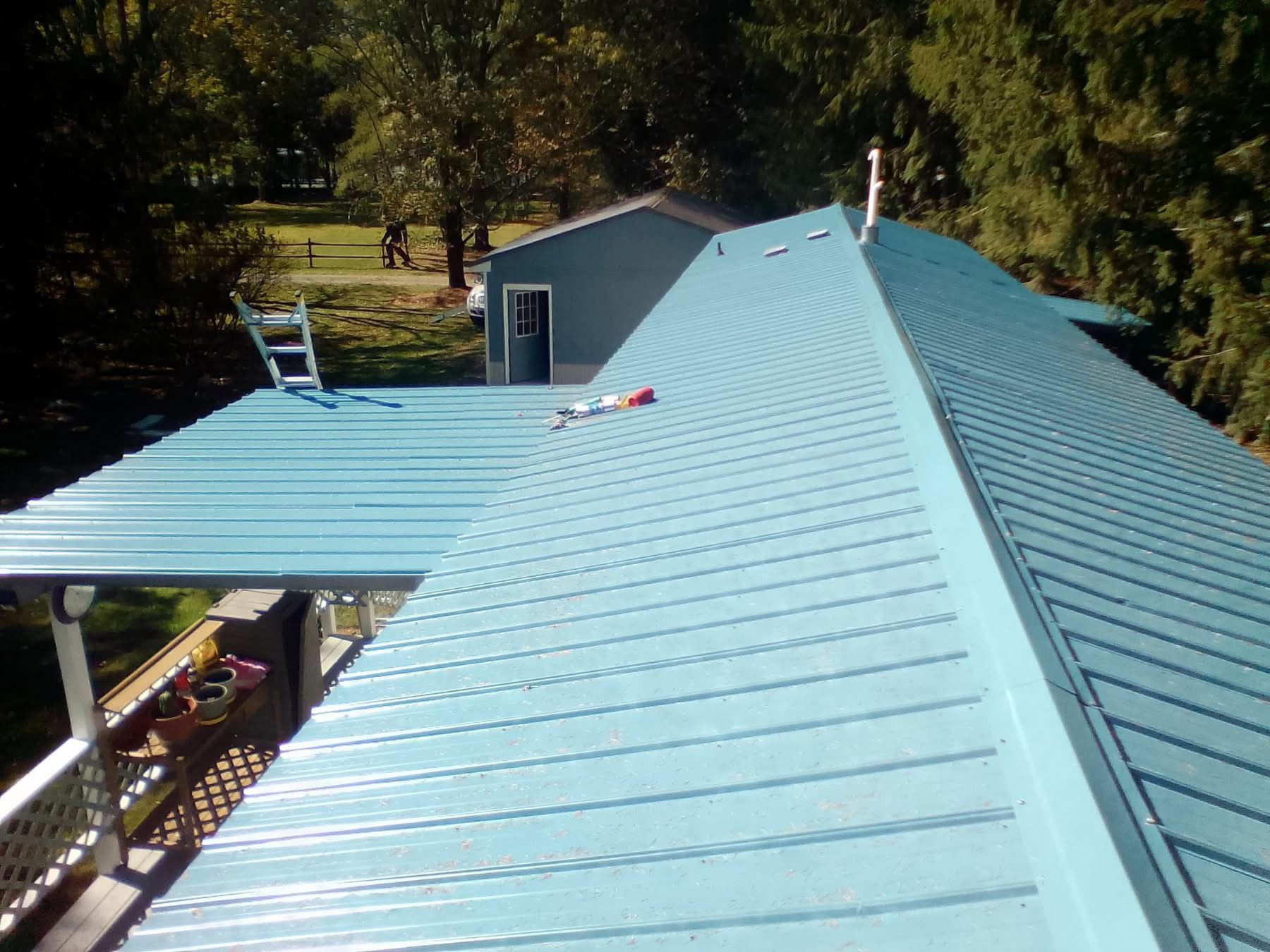 Blue metal roof on a house, with a porch, surrounded by trees.