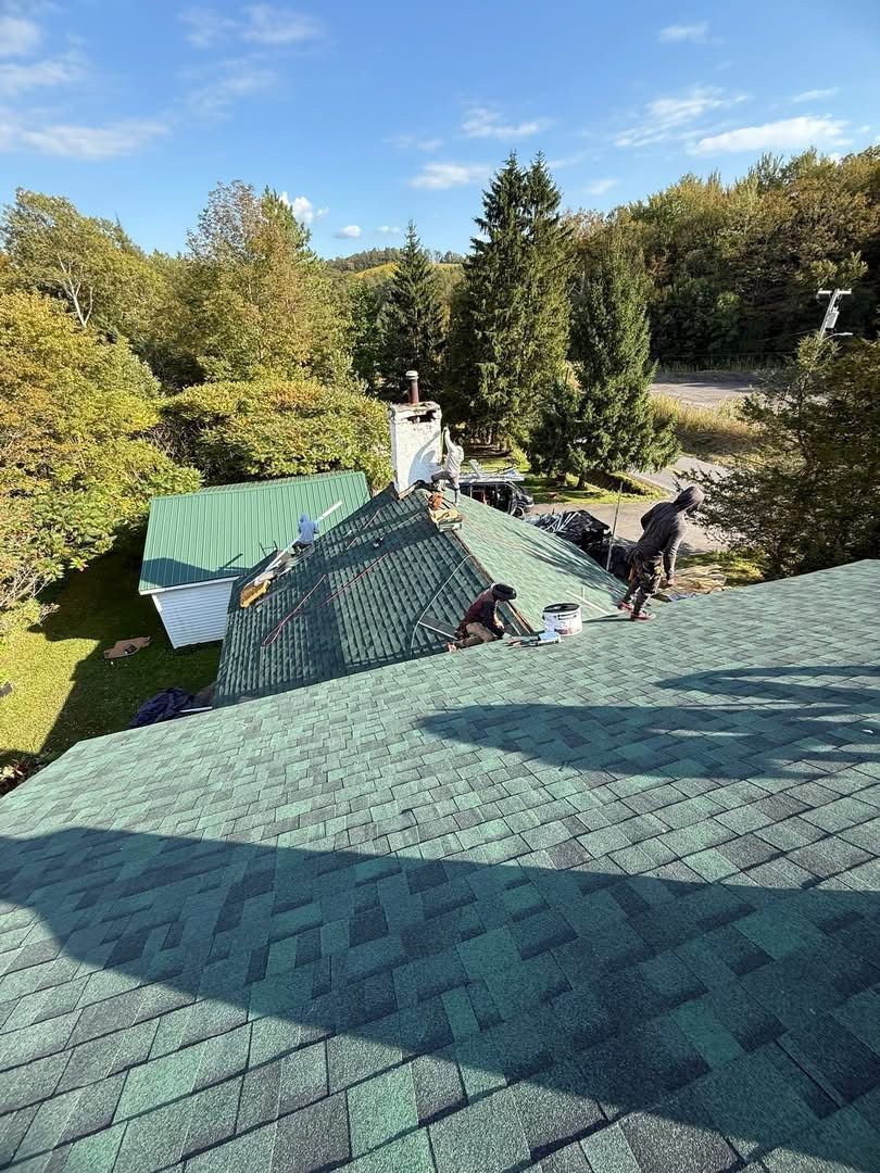 Workers on a green-shingled roof under a blue sky, with trees in the background.