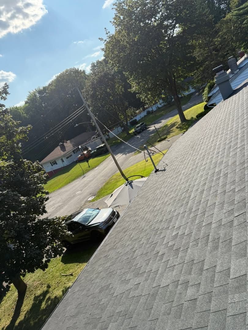 View from a roof of a neighborhood street with a car parked on the grass and trees surrounding.