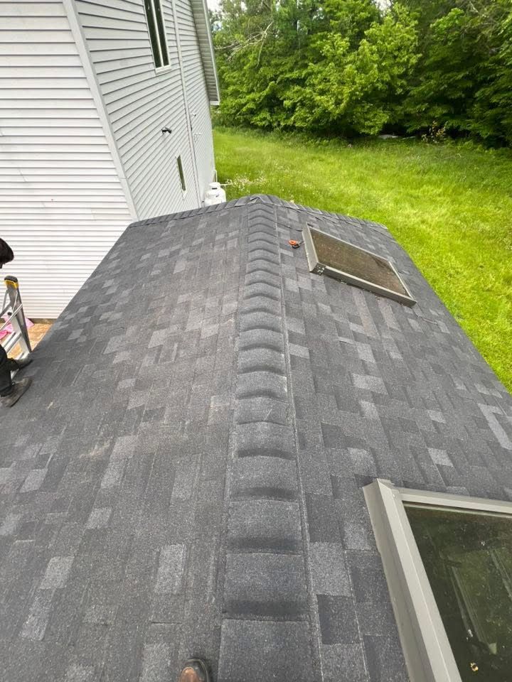 Gray shingled roof with a central ridge. Two skylights. Green grass in the background.