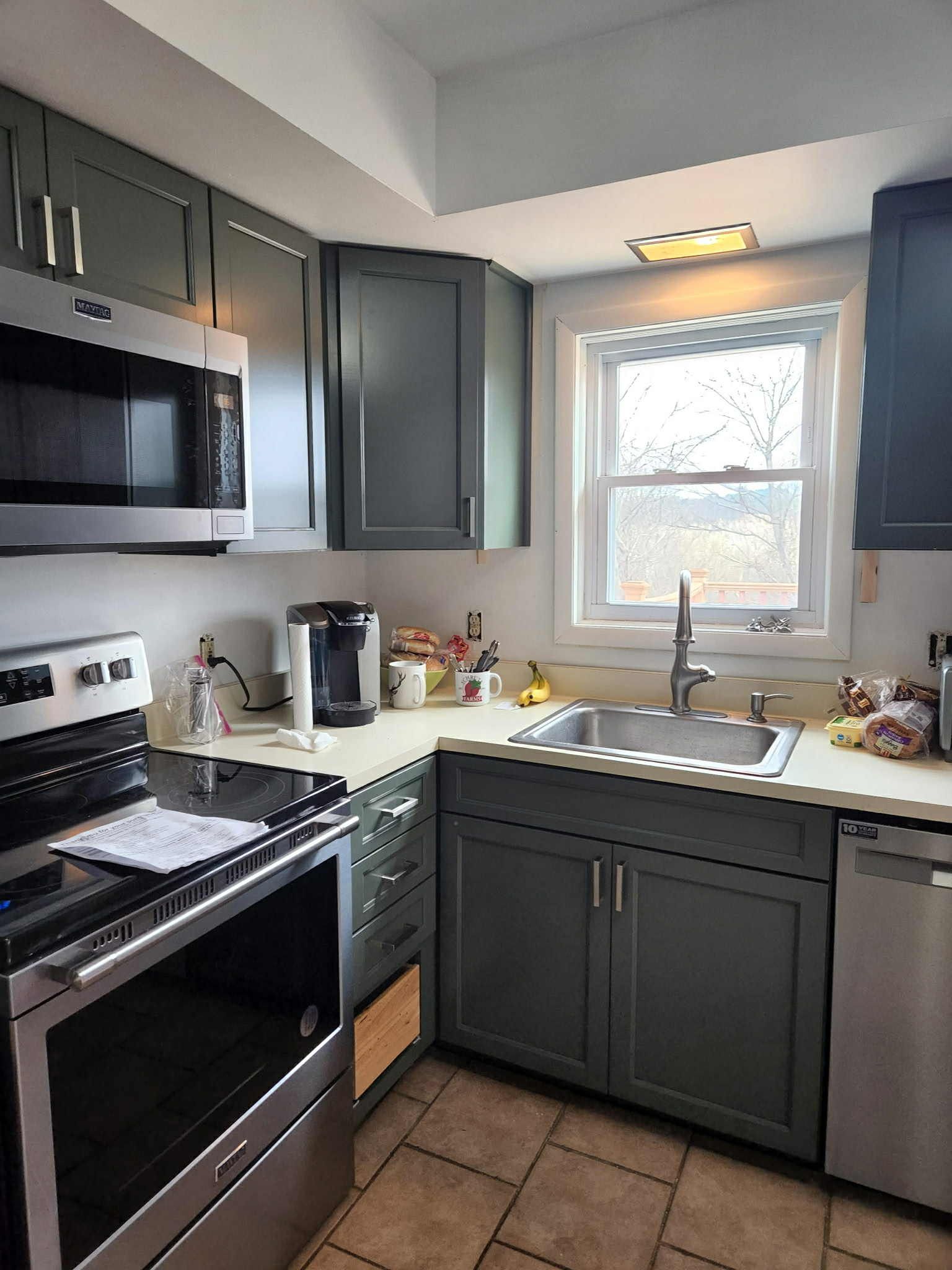 Kitchen with gray cabinets, stainless steel appliances, and a window over the sink.