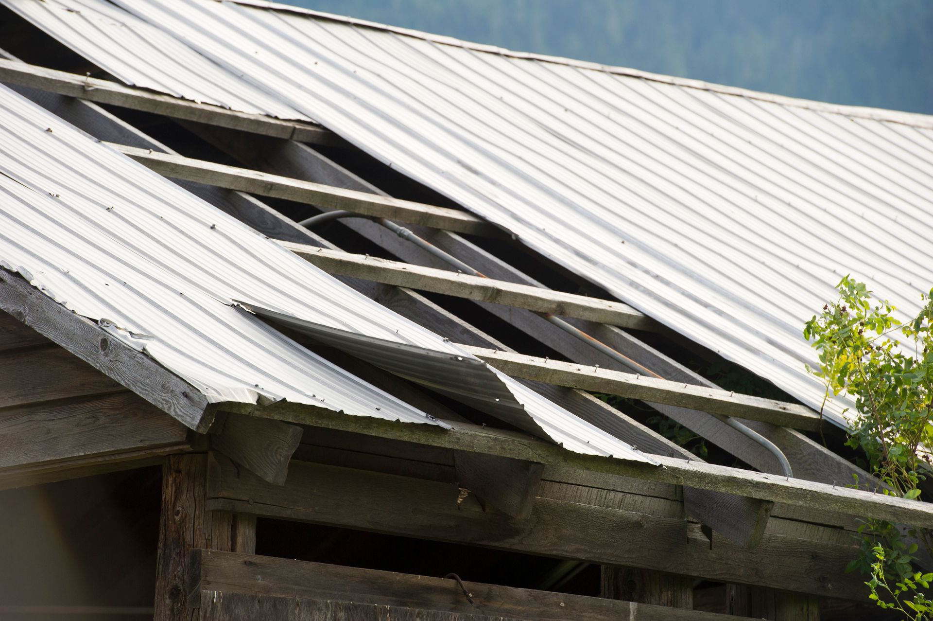 The roof of a barn has been damaged by a storm.