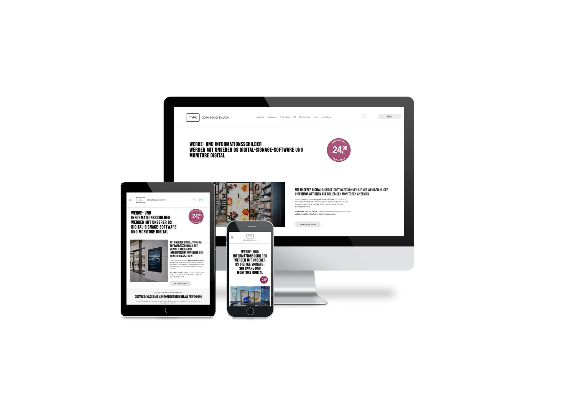 Responsive Website, die auf Desktop-, Tablet- und Smartphone-Bildschirmen angezeigt wird