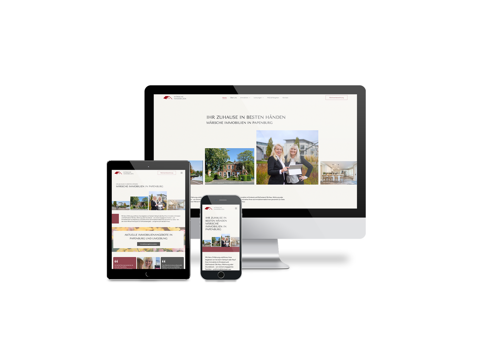 Desktop-Monitor, Tablet und Smartphone zeigen ein Website-Layout auf weißem Hintergrund an