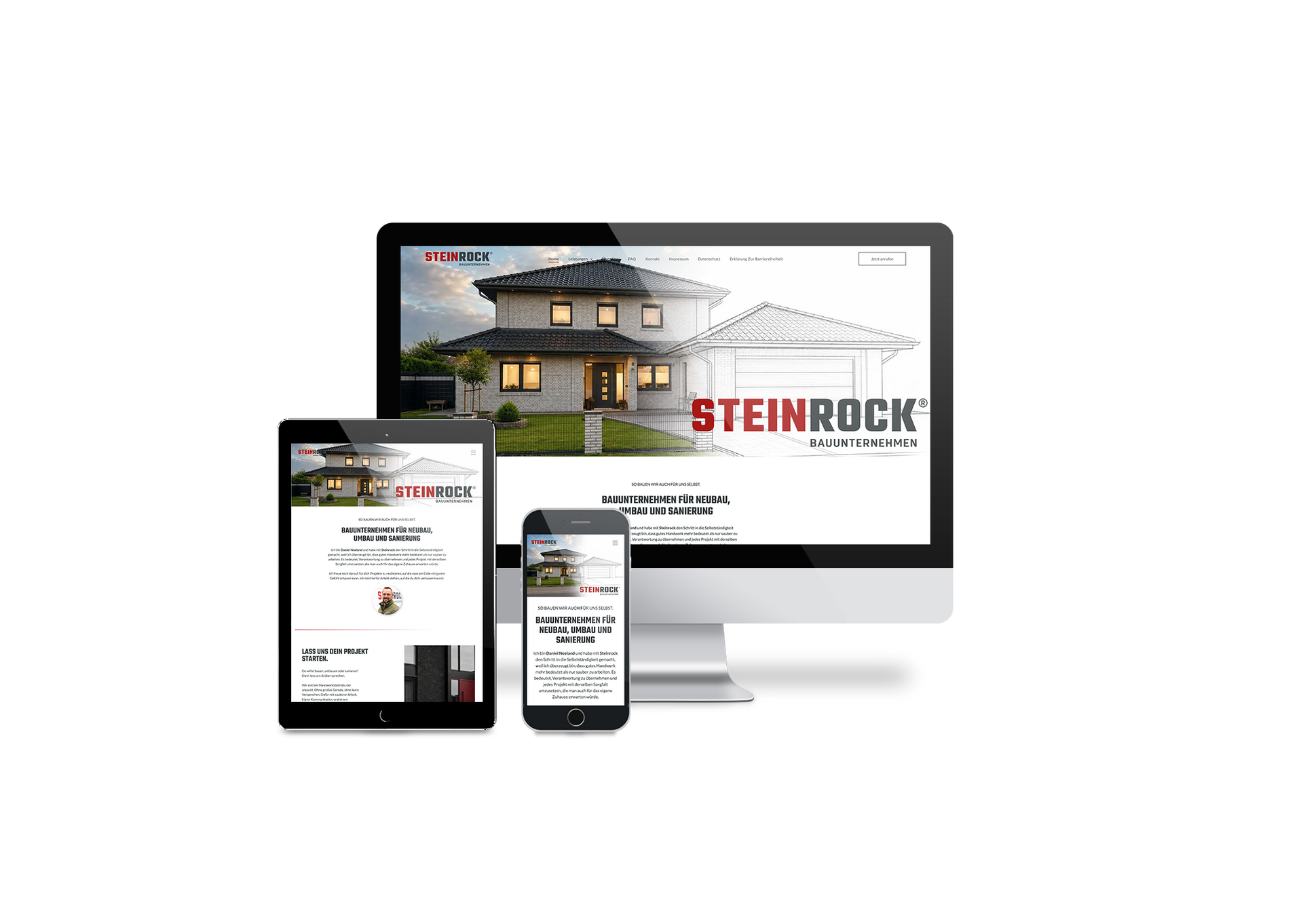 Website-Mockup, angezeigt auf Desktop-, Tablet- und Smartphone-Bildschirmen mit einem Firmenlogo und rotem STEINROCK-Text