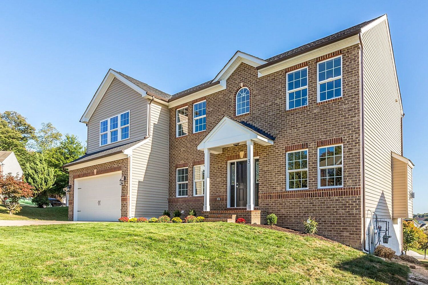 A large brick house with blue windows is sitting on top of a lush green hillside.