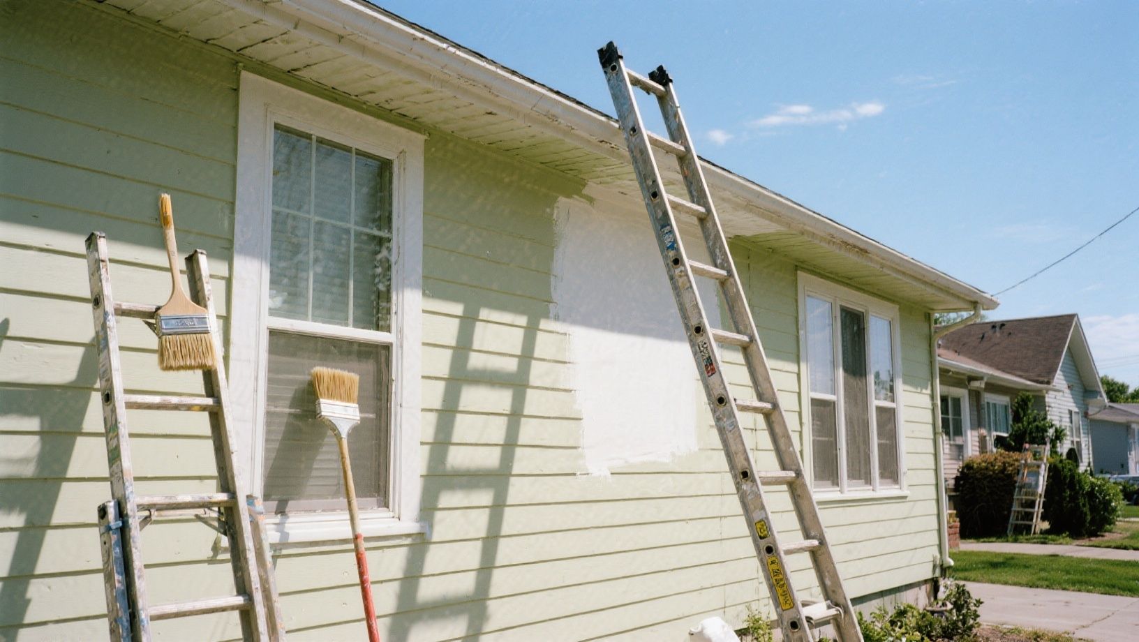 Ladder leaning against a house, painting the siding. Green siding, blue sky.