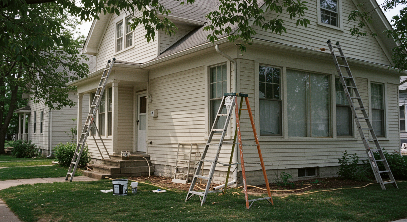 House exterior being painted; ladders, paint cans, and tools on lawn.