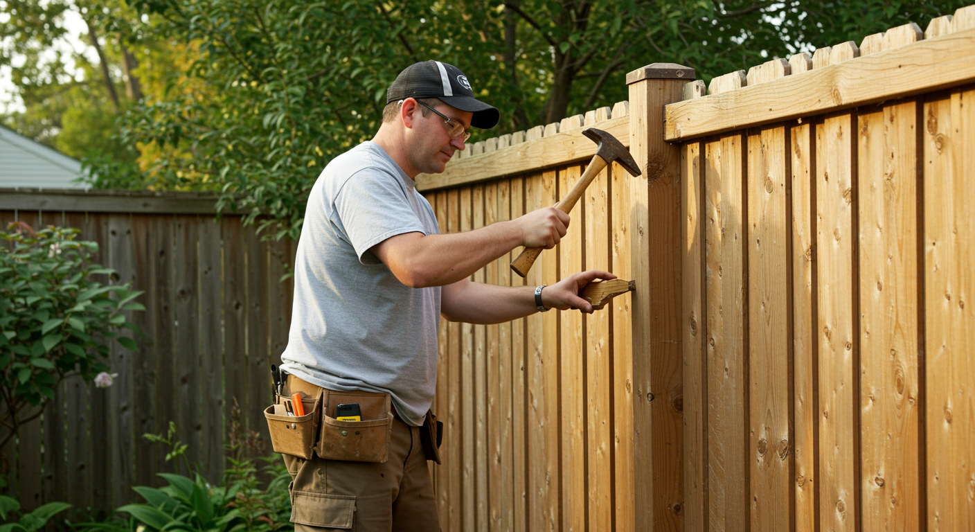 Man hammering a piece of wood onto a wooden fence outdoors. He wears a tool belt, hat, and glasses.