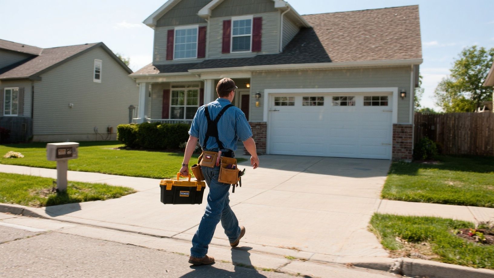 Handyman walks towards a two-story house, carrying a toolbox and wearing a tool belt.