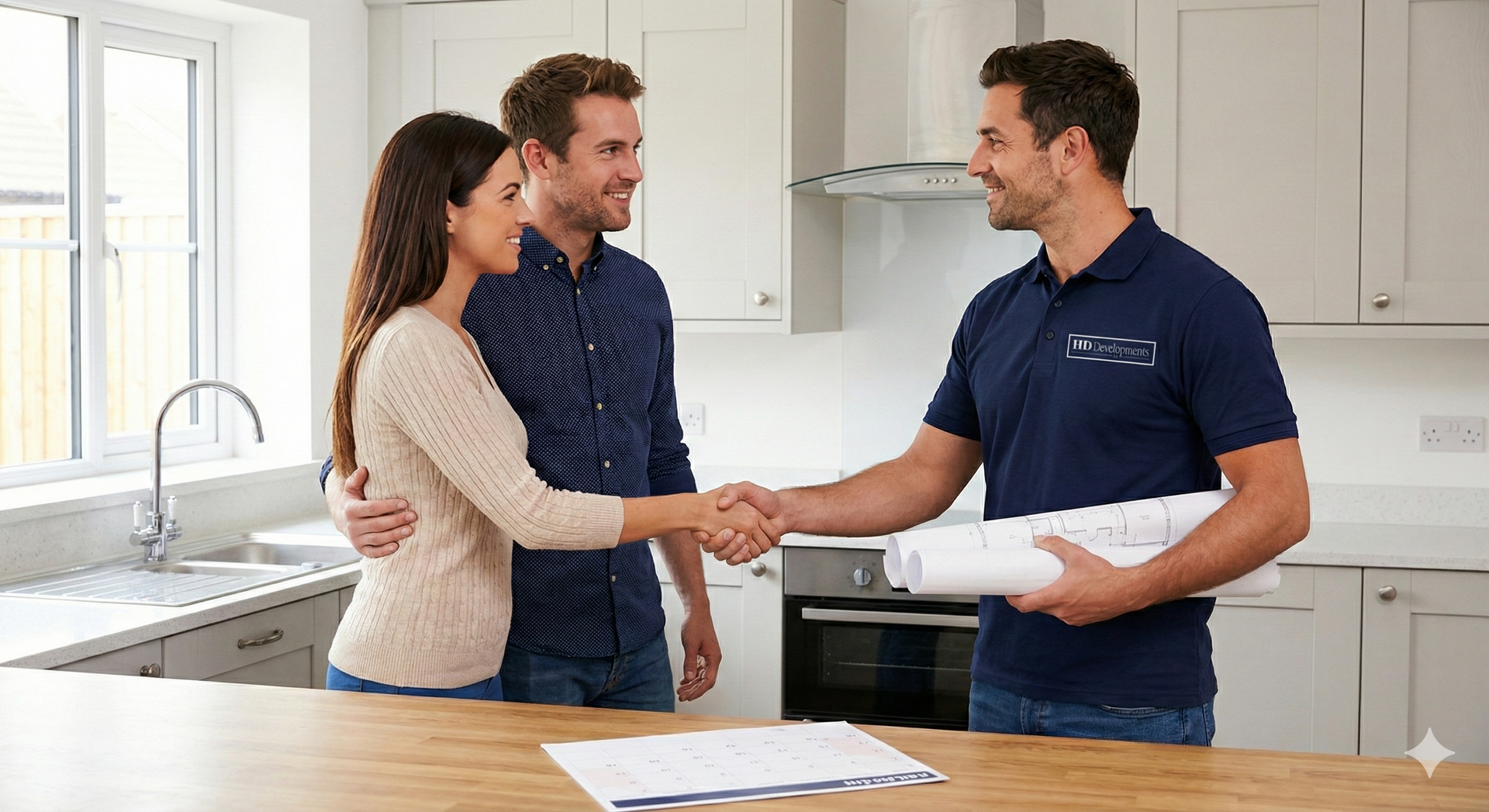 Couple shaking hands with a professional in a kitchen, blueprints on counter.