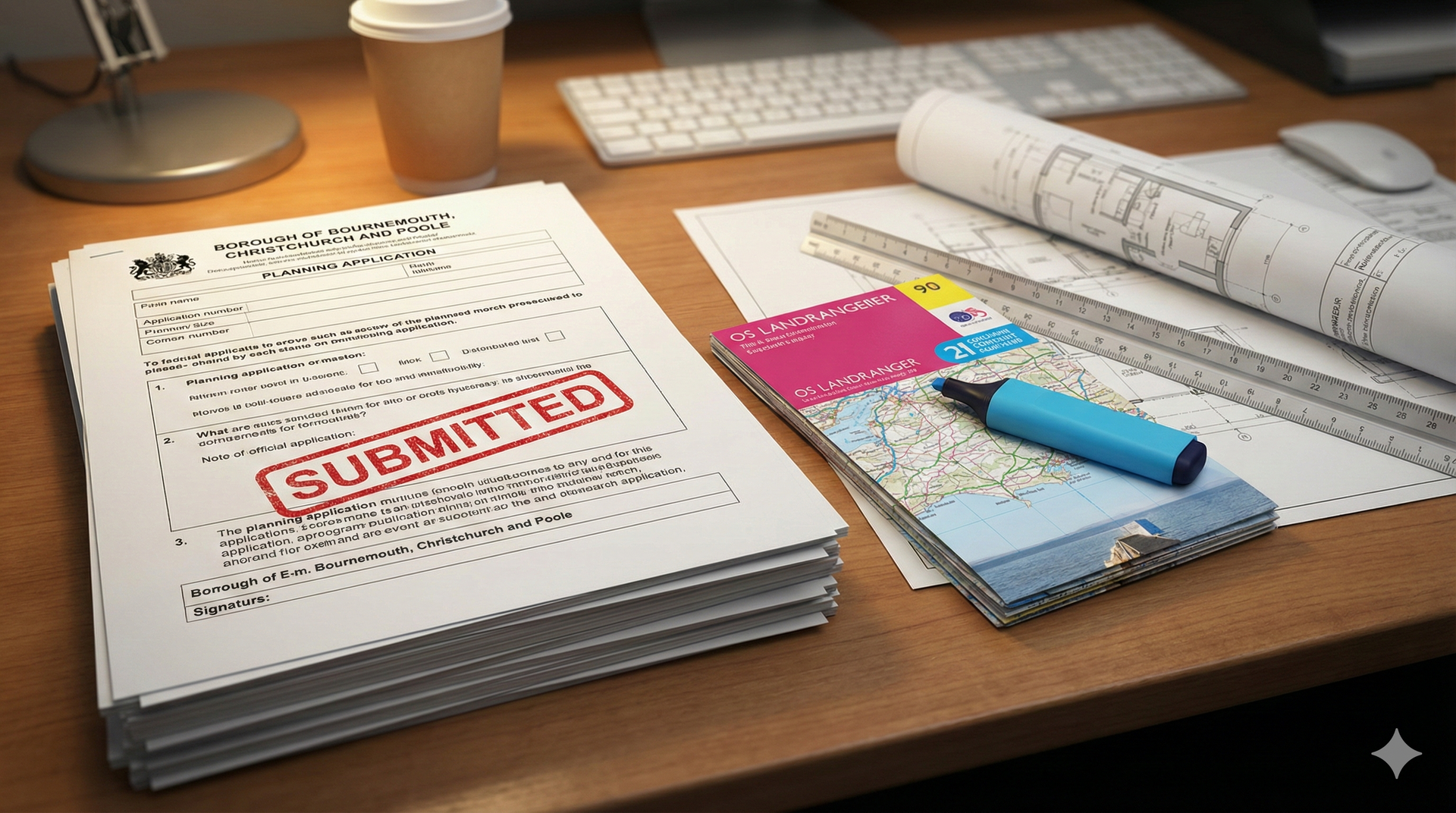 Desk with documents stamped 