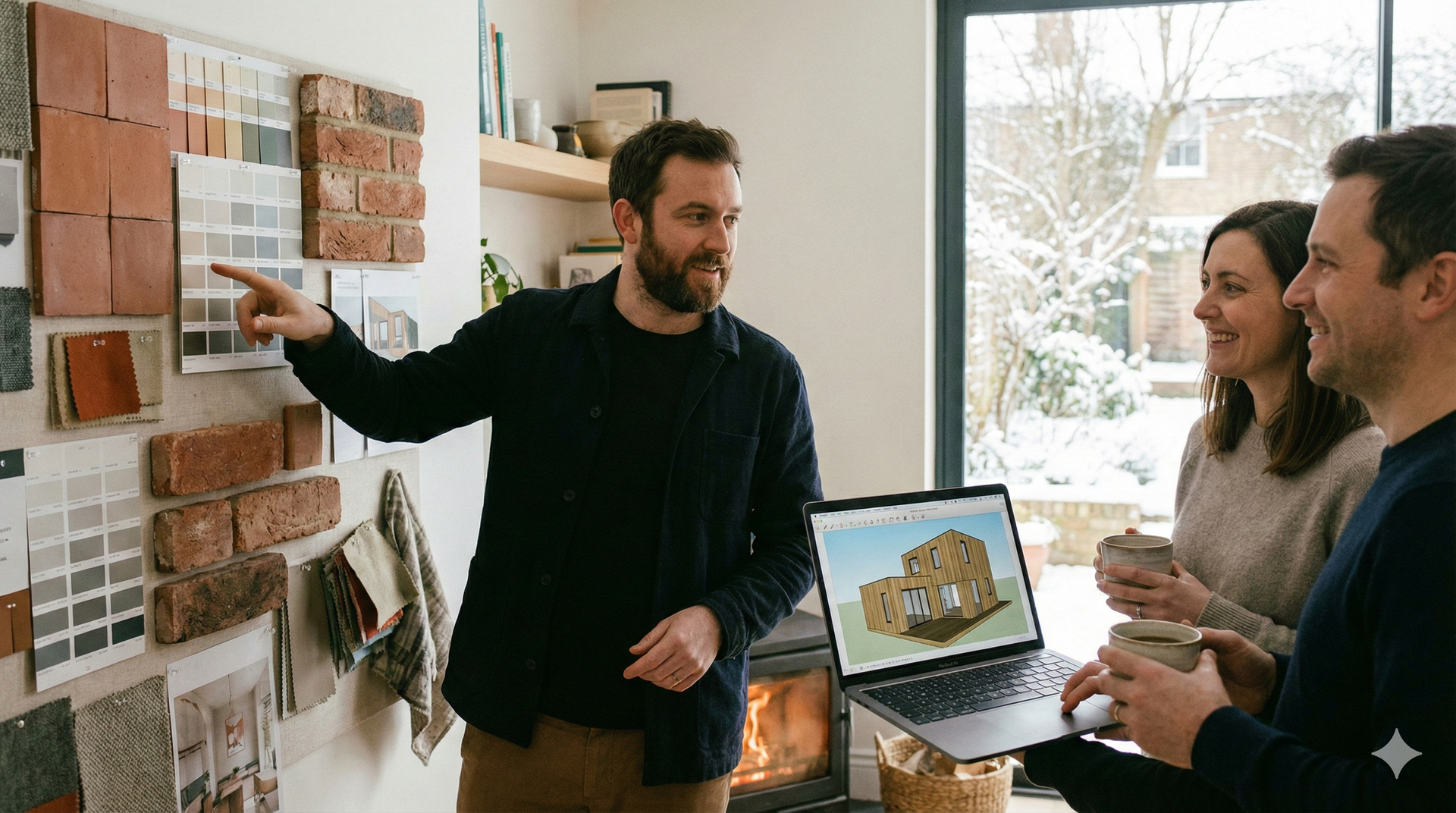 Man pointing to a wall of material samples, showing a couple a building design on a laptop. Fireplace and snowy view.