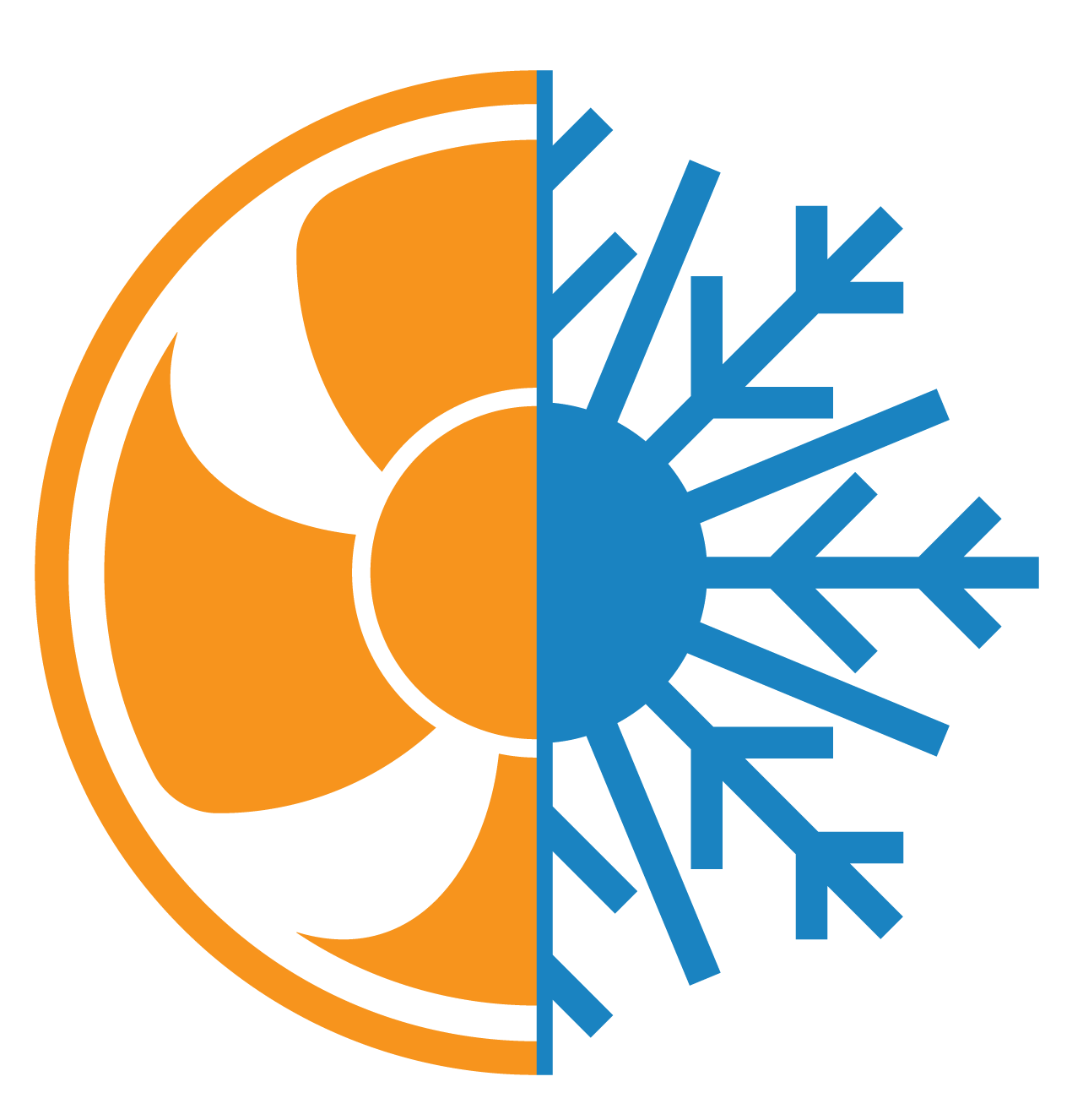 Orange fan and blue snowflake graphic, representing heating and cooling.