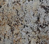 Close-up of granite countertop with tan, gray, and black mottled patterns.