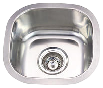 Stainless steel kitchen sink with rounded corners and a drain.