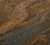 Close-up of granite with swirling patterns of brown, orange, and gray.