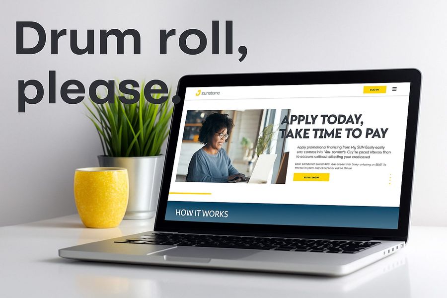 Laptop on desk showing a financing webpage beside a yellow pot and green plant