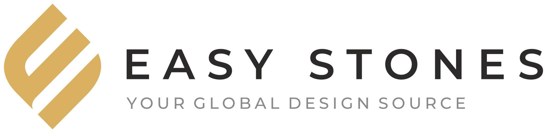 Logo for Easy Stones, with a golden "E" symbol and text "EASY STONES - YOUR GLOBAL DESIGN SOURCE."