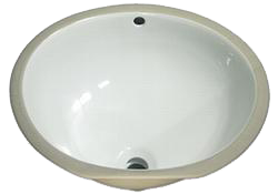 Oval, white bathroom sink with a grey rim.