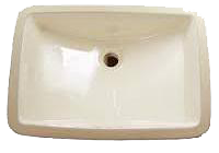 Cream-colored, rectangular bathroom sink with a centered drain.