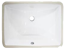 White rectangular bathroom sink with centered drain hole and chrome drain cover.