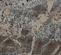 Close-up of granite with a mottled pattern of tan, gray, and dark brown.