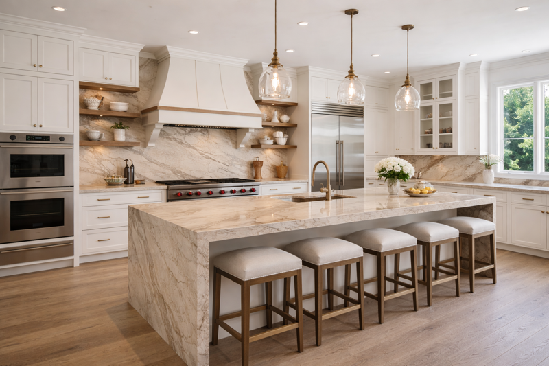A bright, modern kitchen featuring a large marble-topped island with five stools, white cabinetry, and stainless appliances.