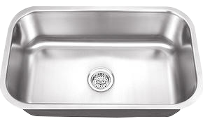 Stainless steel kitchen sink, rectangular with a drain.