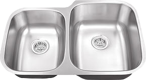 Stainless steel double kitchen sink with two basins.
