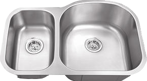 Stainless steel kitchen sink with two basins.