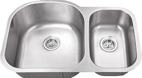 Stainless steel double kitchen sink with two basins and drain covers.
