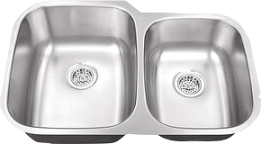 Stainless steel double kitchen sink with two basins and drain covers.