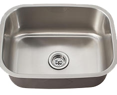 Stainless steel kitchen sink with drain and gray trim.